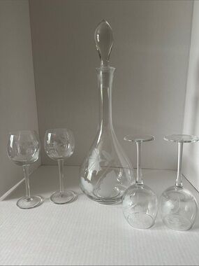Vintage Clear Etched Glass Decanter and Wine Glass Set